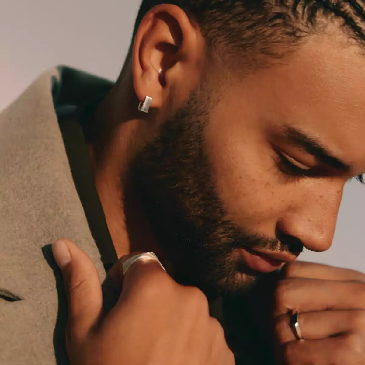 Square Hoop Earrings Sterling Silver Worn by Male Model Front