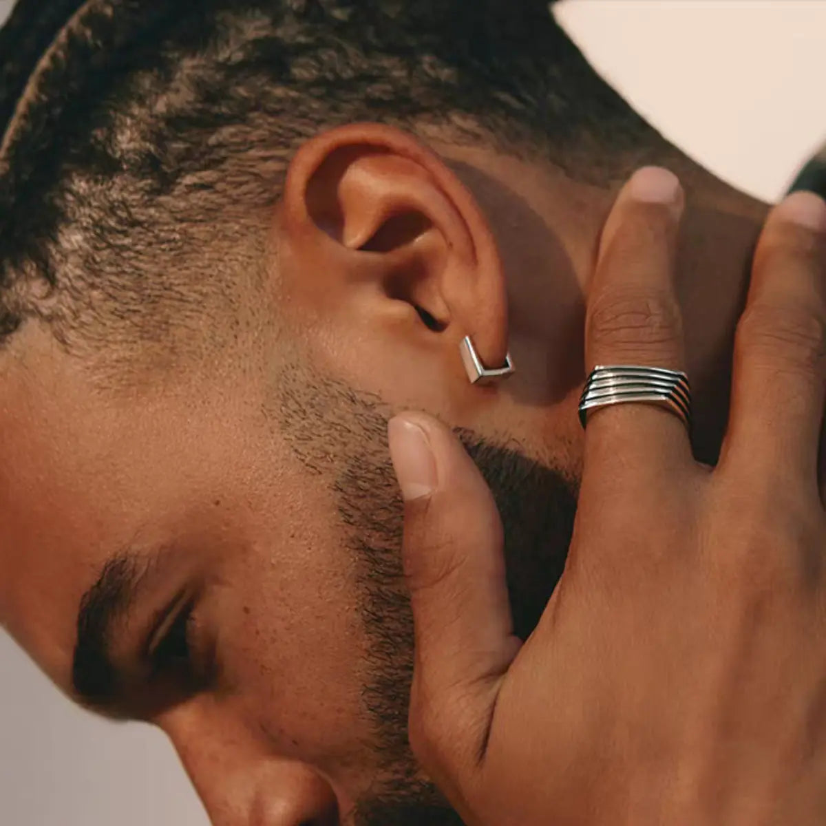 Square Hoop Earrings Sterling Silver Worn by Male Model Side