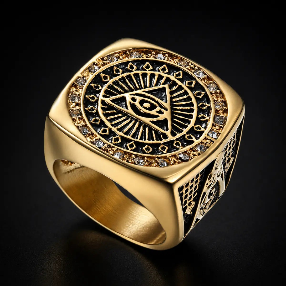 Square Masonic Eye of Providence Ring Gold Close Up Black Background
