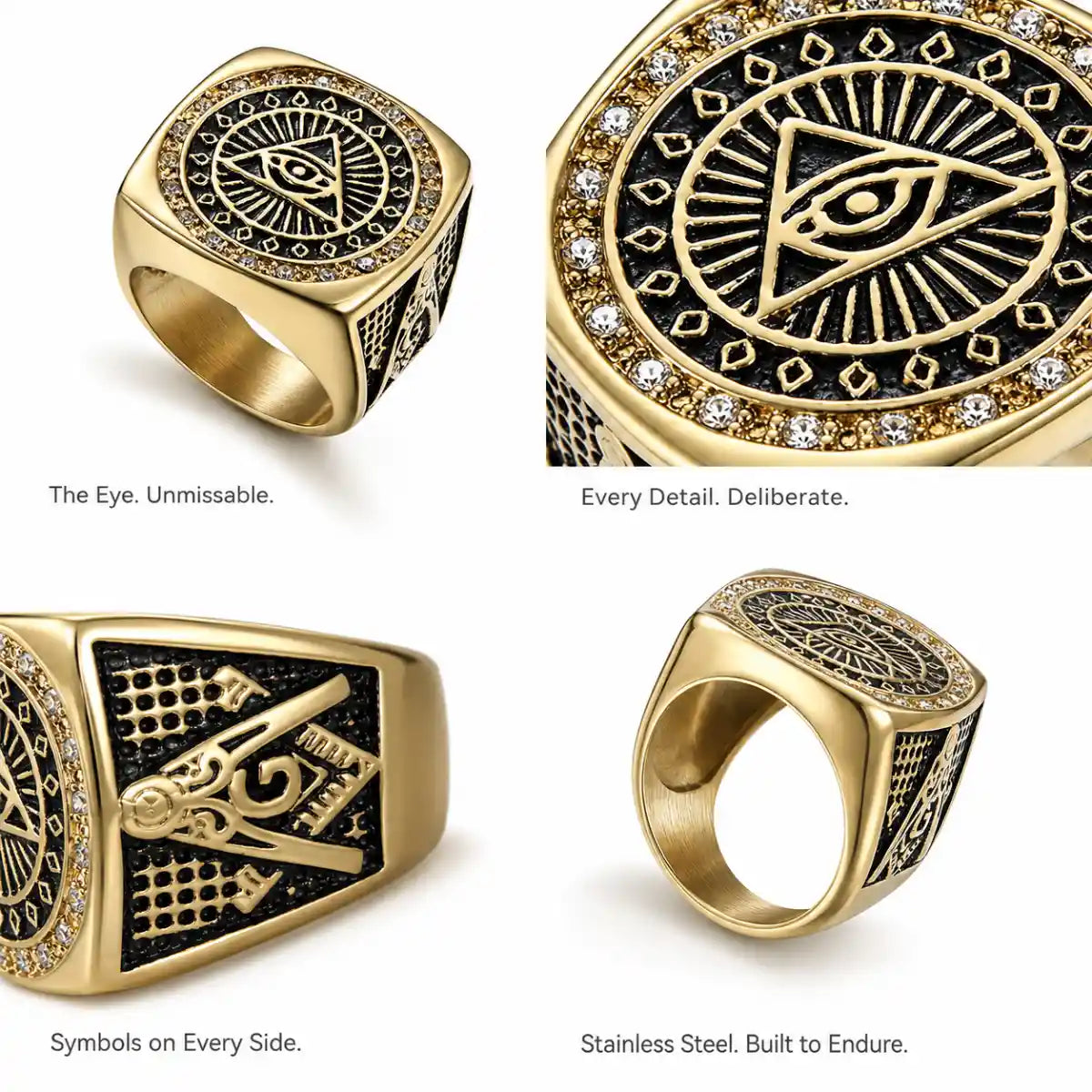 Square Masonic Eye of Providence Ring Gold Details and Features Infographic