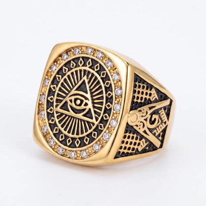 Square Masonic Eye of Providence Ring Gold Front View White Background
