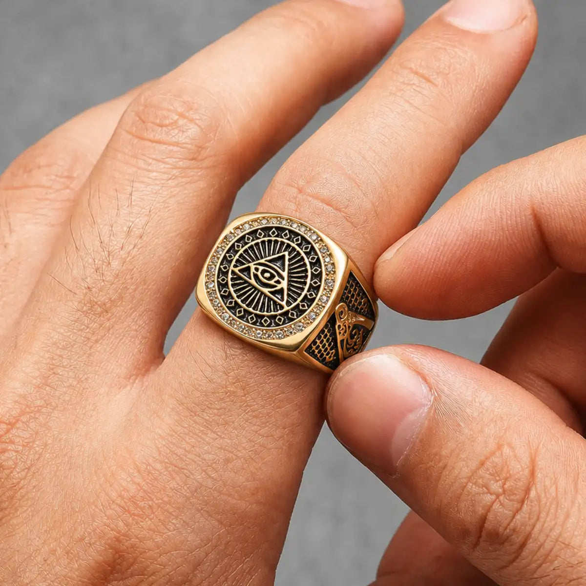 Square Masonic Eye of Providence Ring Gold Worn on Hand Close Up