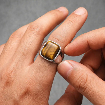 Square Tiger Eye Signet Ring Worn by Model Close Up