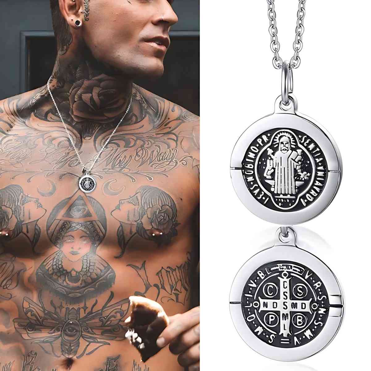 St Benedict Medal Pendant for Men Worn by Model Xenos Jewelry