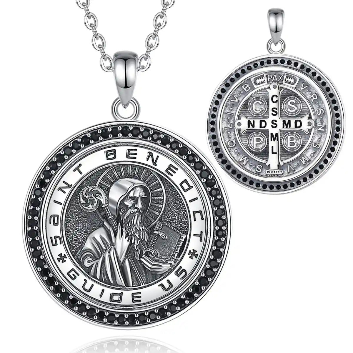 St Benedict Medallion Necklace with Black CZ 20inch Chain