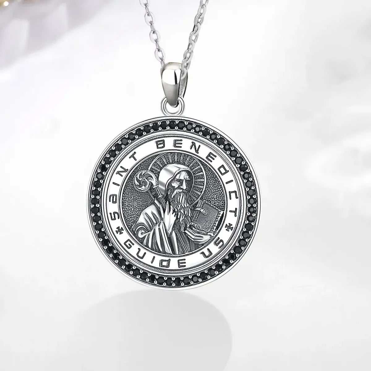 St Benedict Medallion Necklace with Black CZ Details