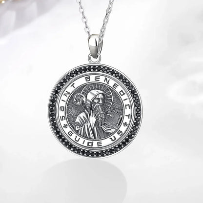 St Benedict Medallion Necklace with Black CZ Details