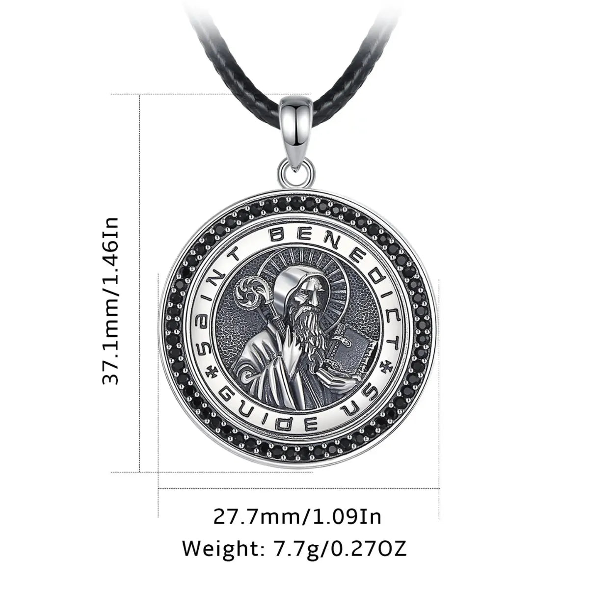 St Benedict Medallion Necklace with Black CZ Dimensions and Weight