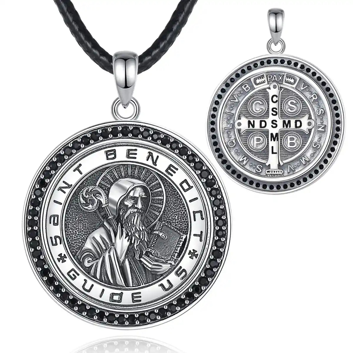 St Benedict Medallion Necklace with Black CZ with 24inch Rope