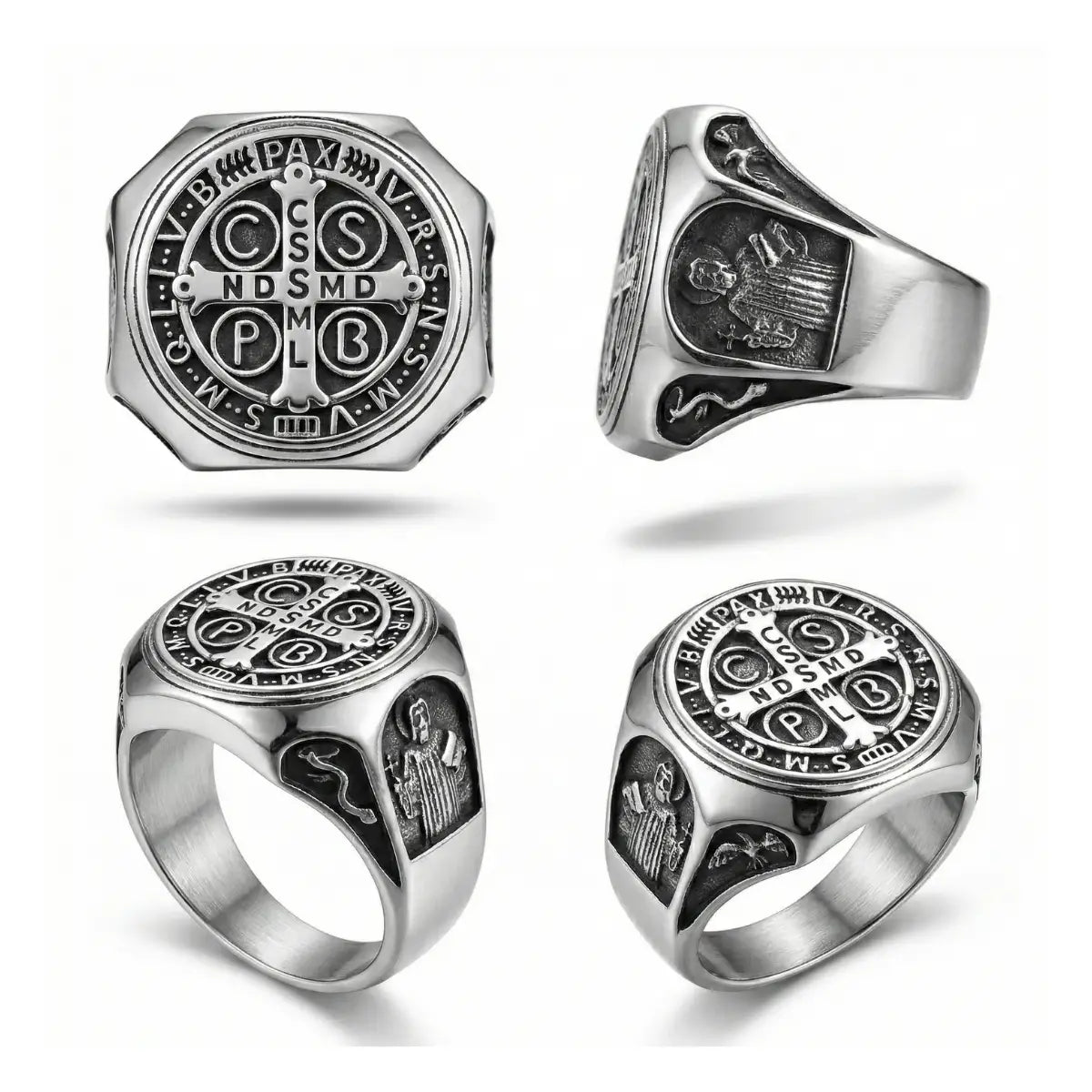 St Benedict Stainless Steel Ring Multi Angle Details