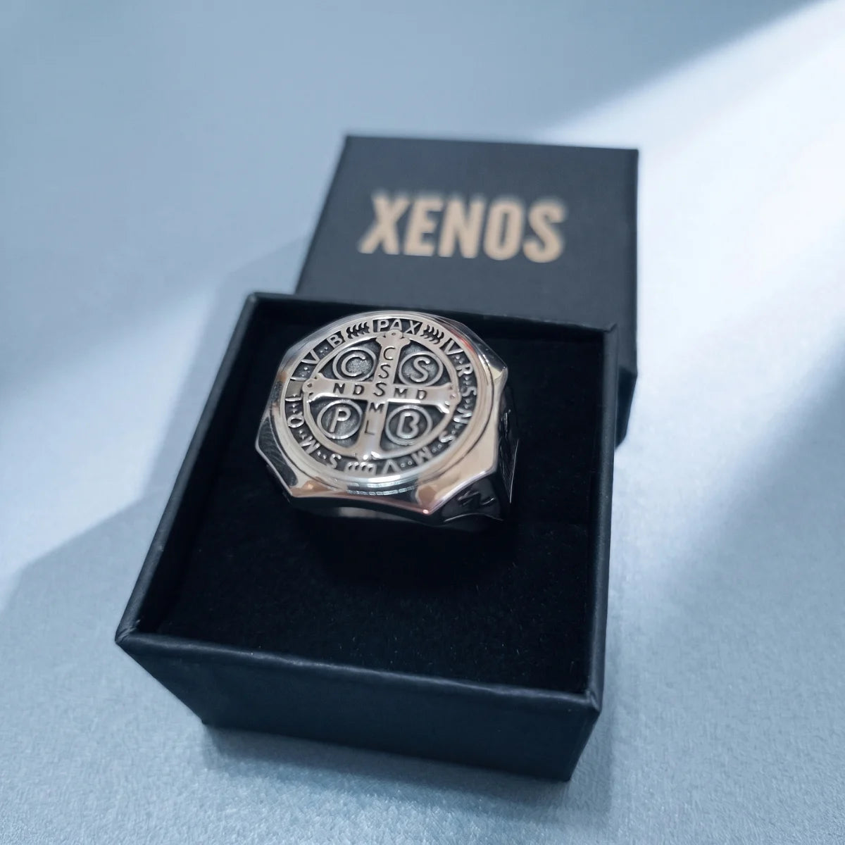St Benedict Stainless Steel Ring Presented in Xenos Jewelry Packaging Box