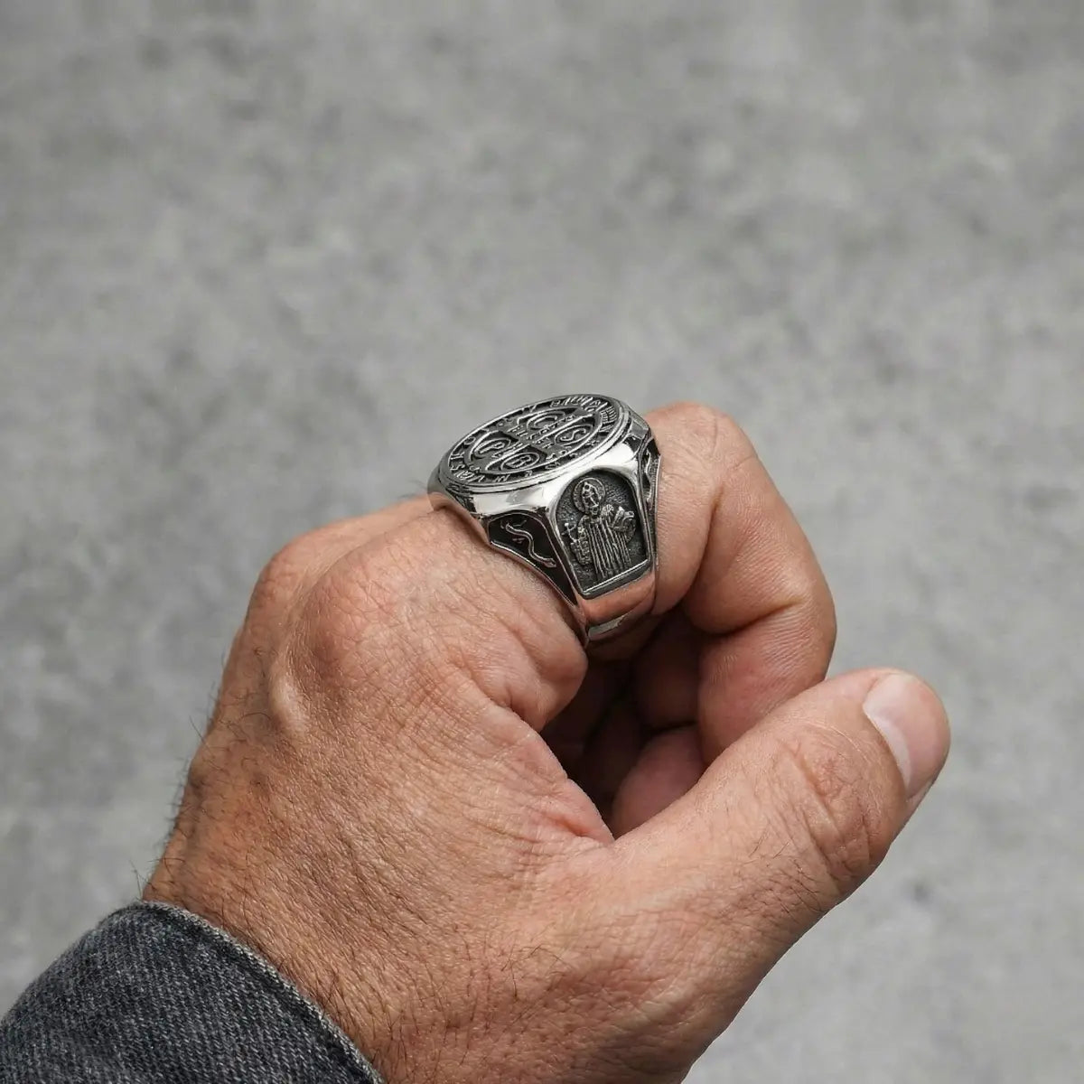 St Benedict Stainless Steel Ring Worn by Male Model Side