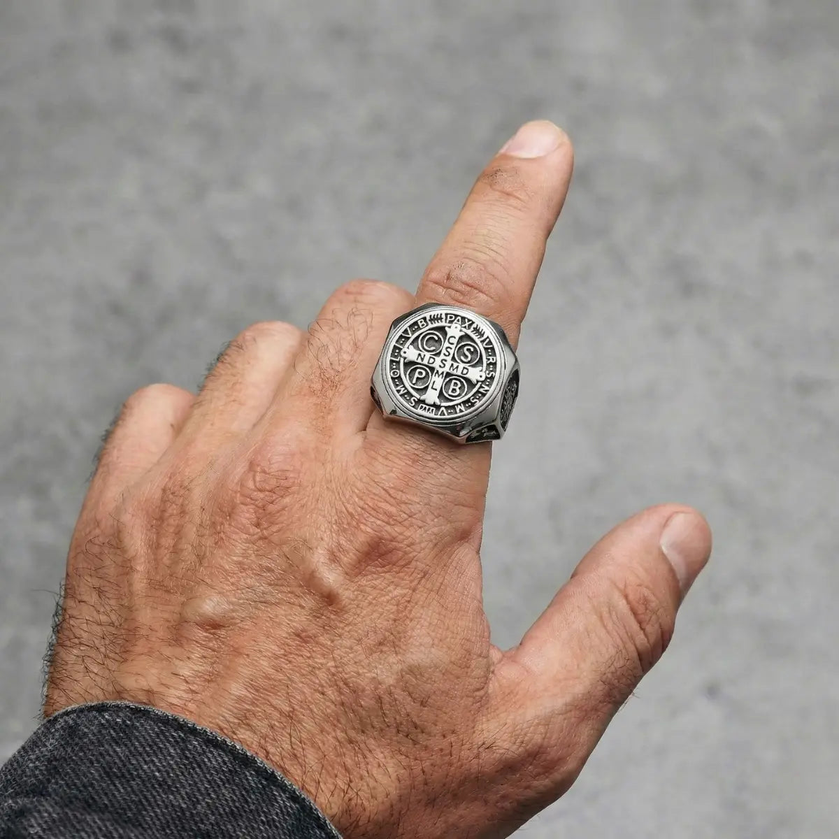 St Benedict Stainless Steel Ring Worn by Male Model