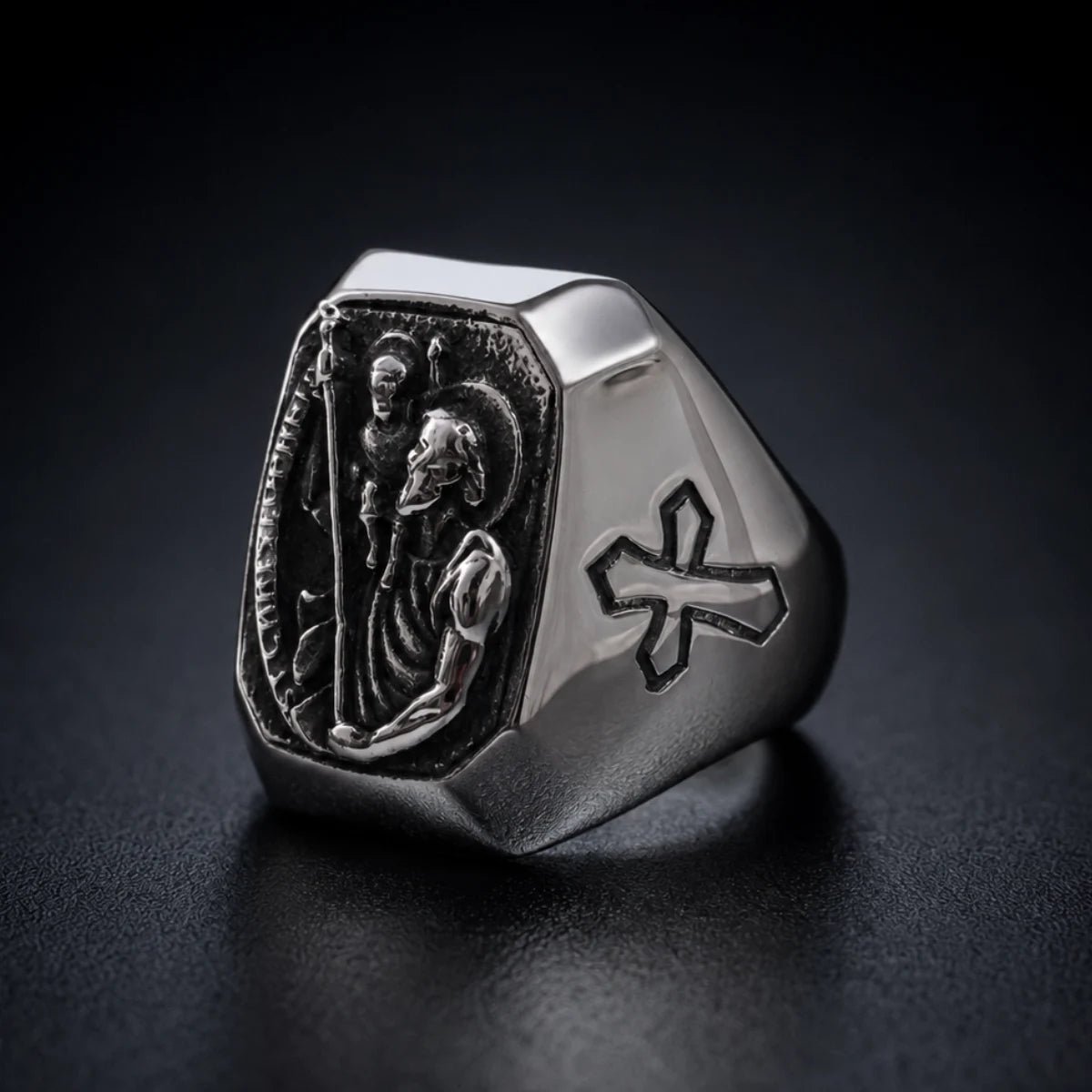 St Christopher Cross Signet Ring Silver Close Up Black Background