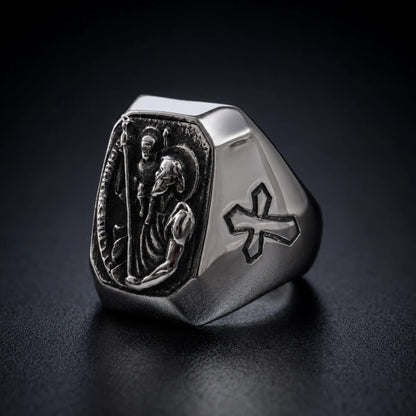 St Christopher Cross Signet Ring Silver Close Up Black Background