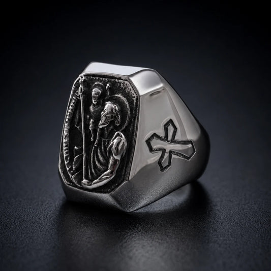 St Christopher Cross Signet Ring Silver Close Up Black Background