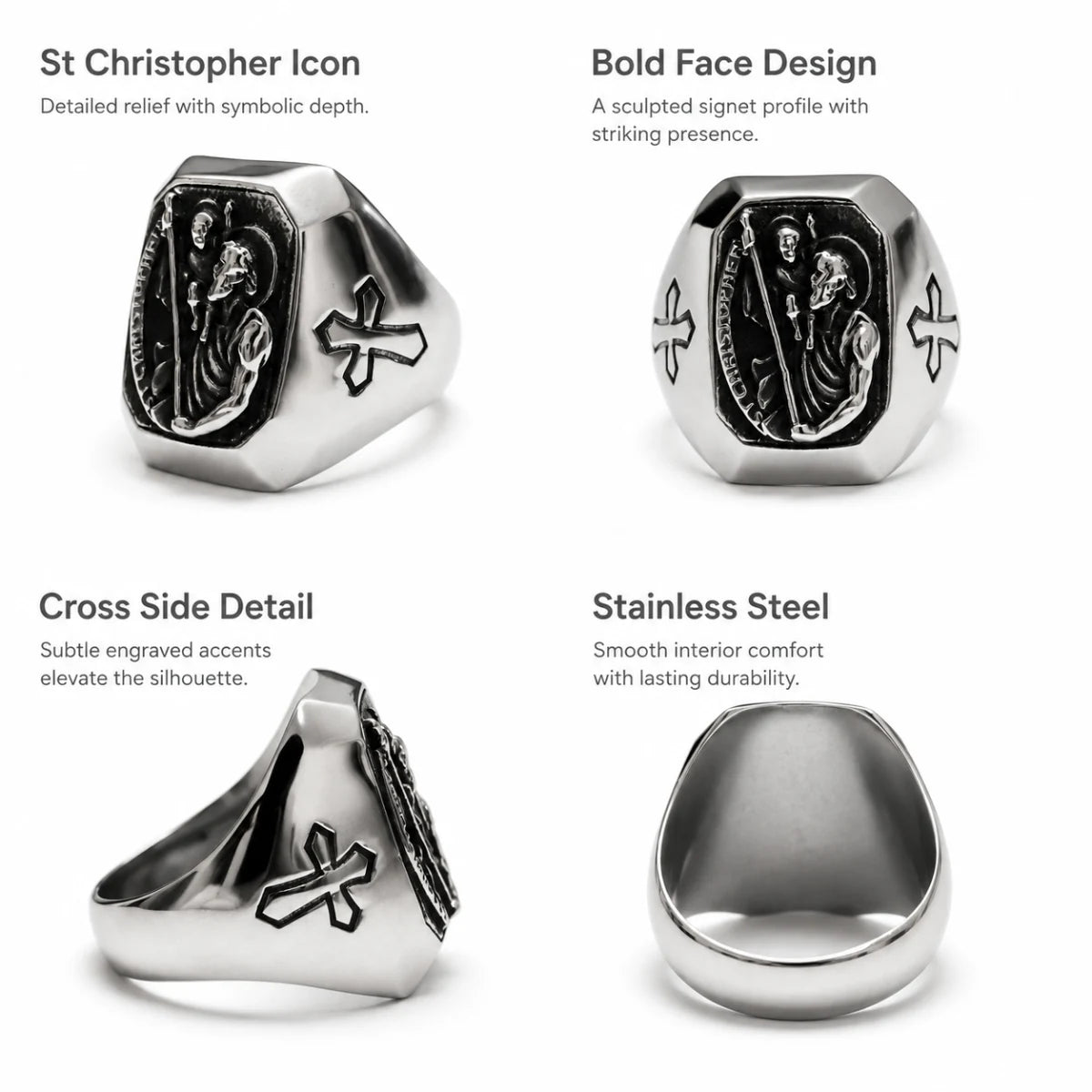 St Christopher Cross Signet Ring Silver Details and Features Infographic