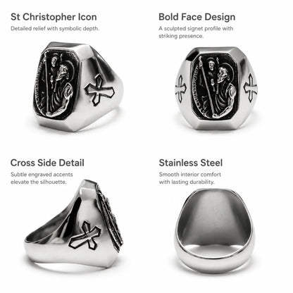 St Christopher Cross Signet Ring Silver Details and Features Infographic
