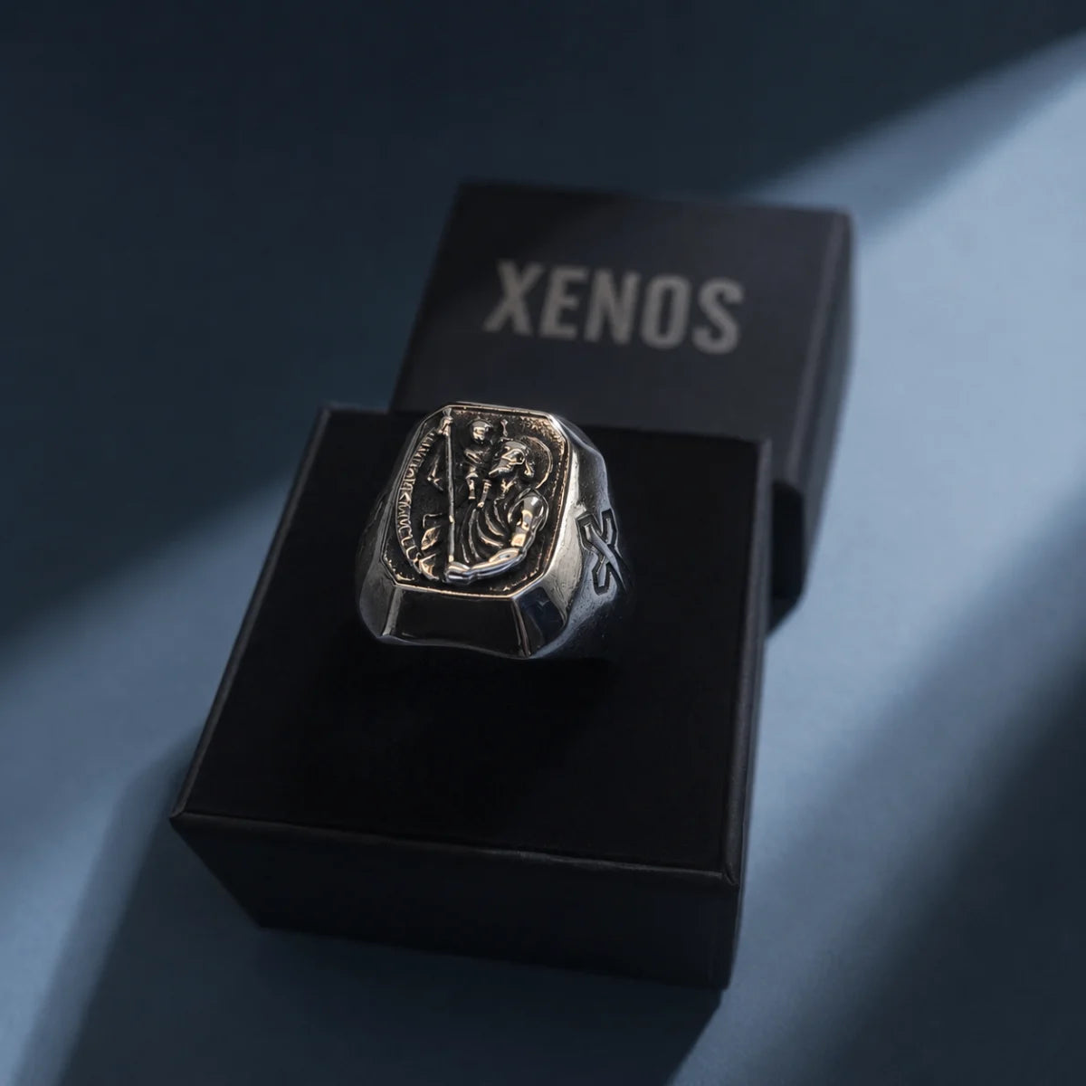 St Christopher Cross Signet Ring Silver Presented in Xenos Jewelry Packaging Box