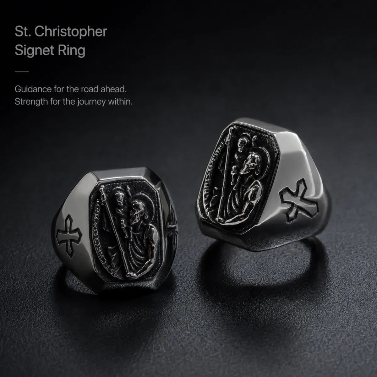 St Christopher Cross Signet Ring Silver Two Rings Displayed on Dark Surface