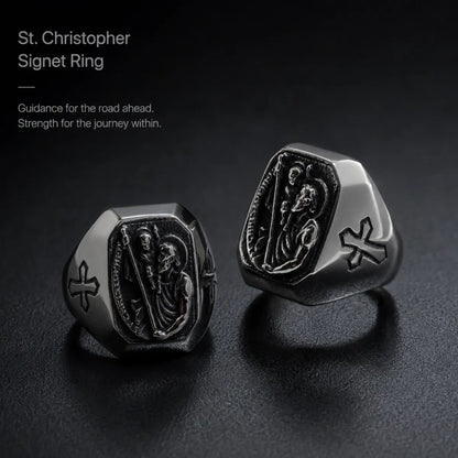 St Christopher Cross Signet Ring Silver Two Rings Displayed on Dark Surface