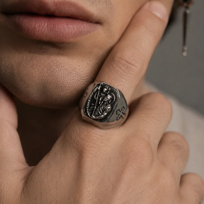 St Christopher Cross Signet Ring Silver Worn by Male Model Close Up