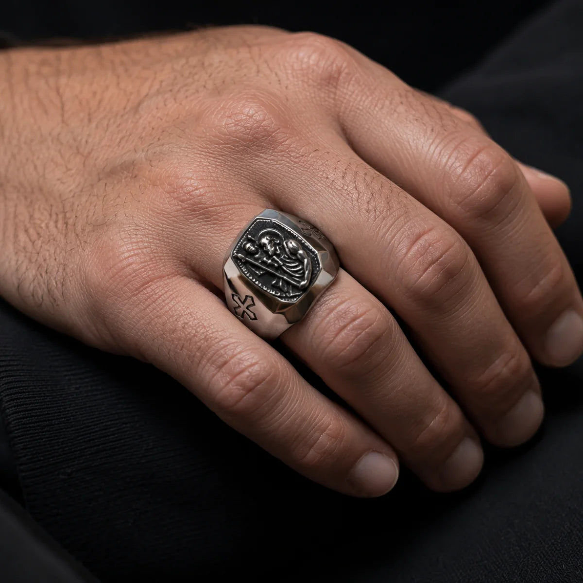 St Christopher Cross Signet Ring Silver Worn on Male Hand