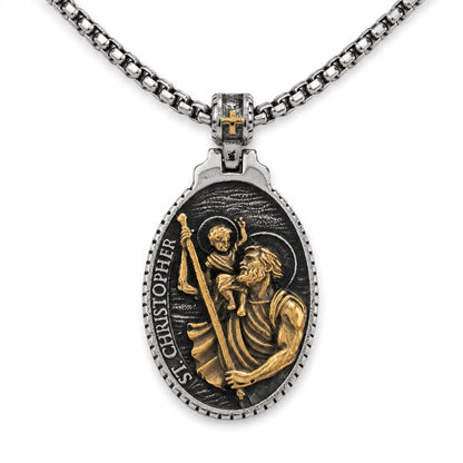 St Christopher Oval Pendant Gold and Silver Pendant with Chain Front View White Background