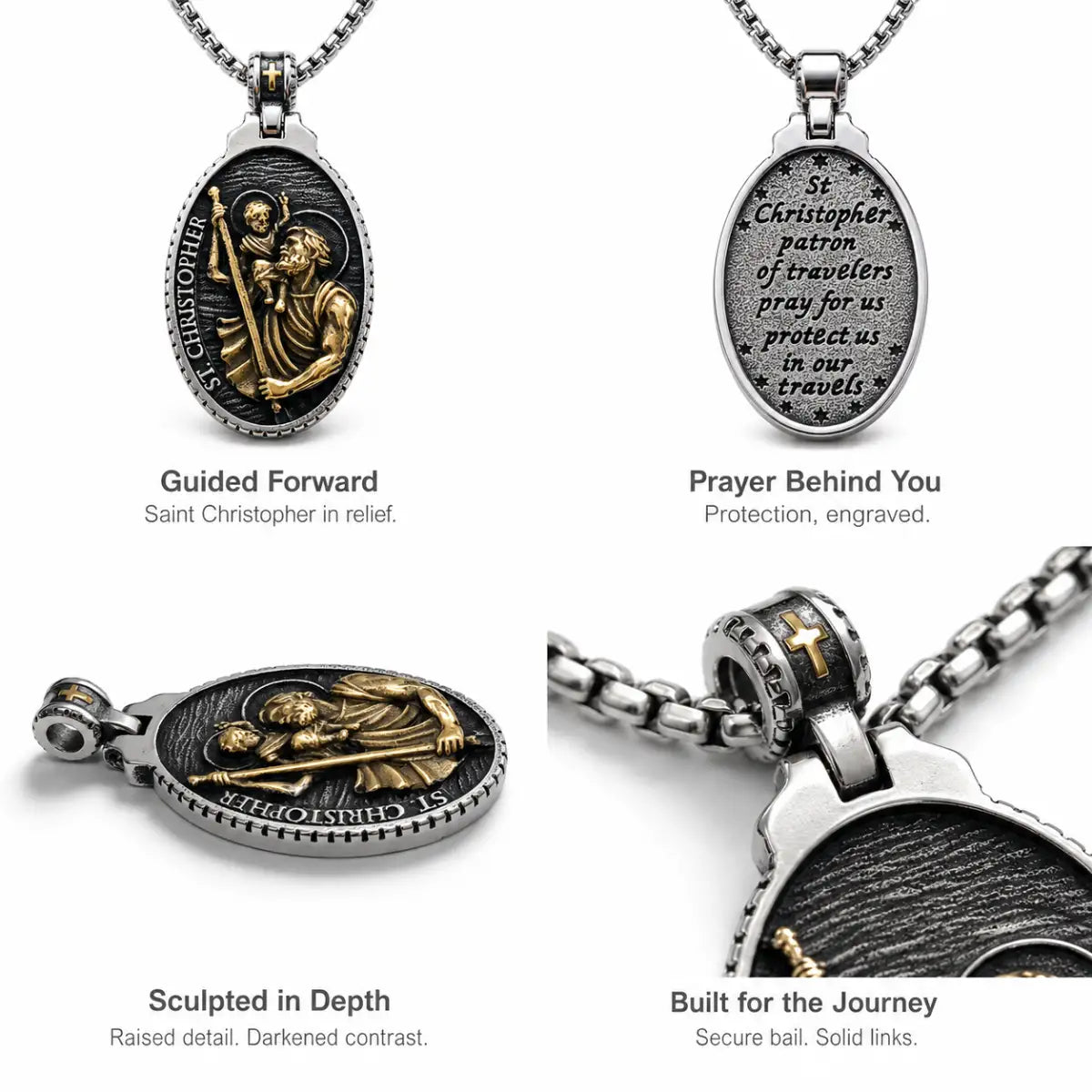 St Christopher Oval Pendant Necklace Details and Engraving Features Infographic