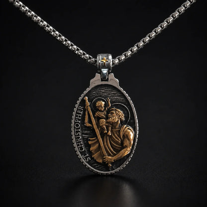 St Christopher Oval Pendant Necklace Gold and Silver Close Up Black Background