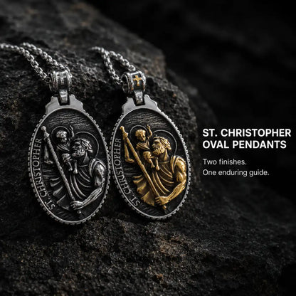 St Christopher Oval Pendant Necklace Gold and Silver Displayed on Stone Surface