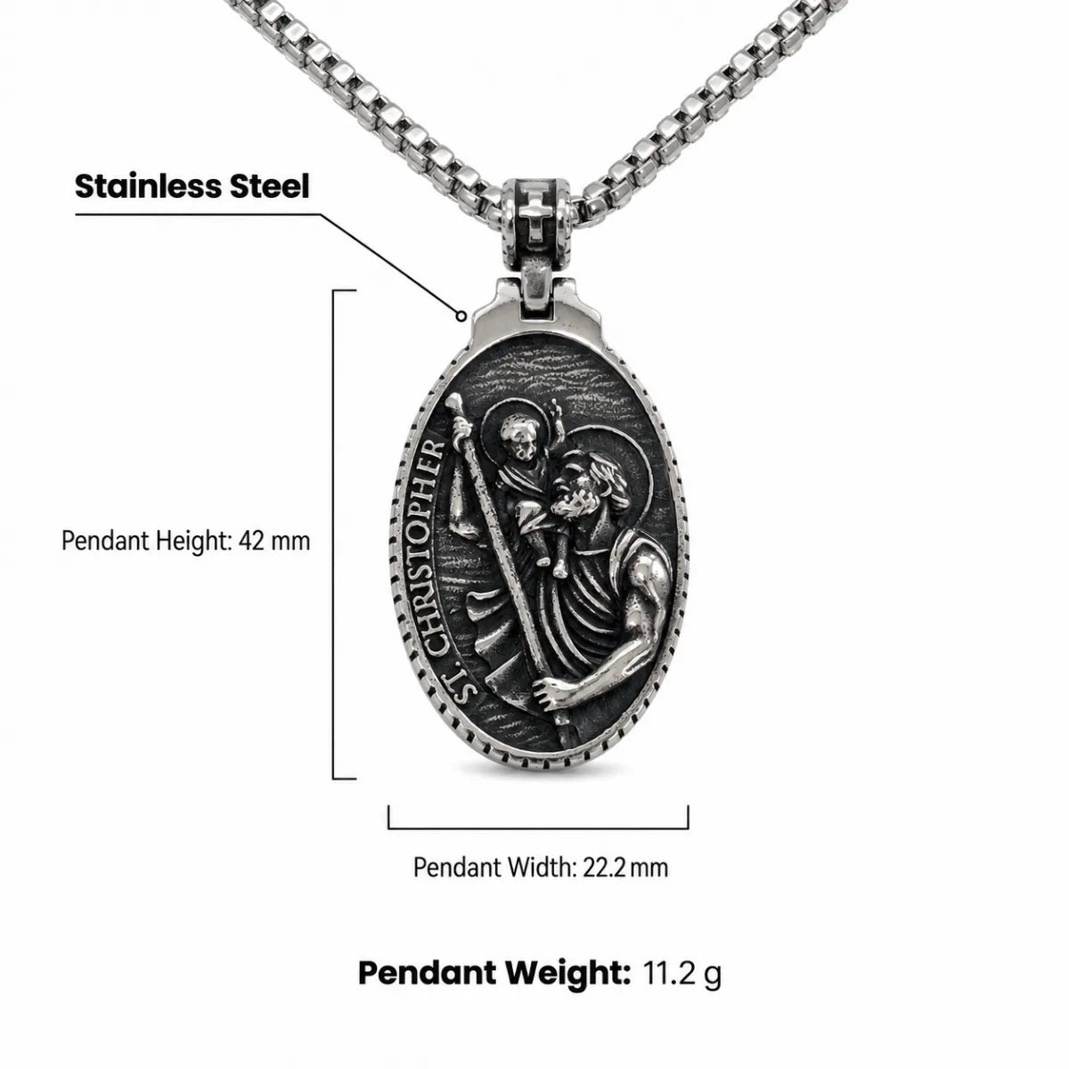 St Christopher Oval Pendant Necklace Silver Dimensions and Weight Infographic