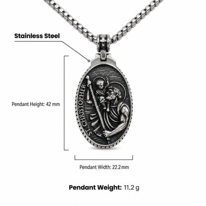 St Christopher Oval Pendant Necklace Silver Dimensions and Weight Infographic