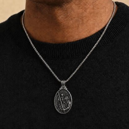 St Christopher Oval Pendant Necklace Silver Worn by Male Model