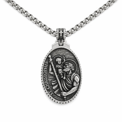 St Christopher Oval Pendant Silver Pendant with Chain Front View White Background