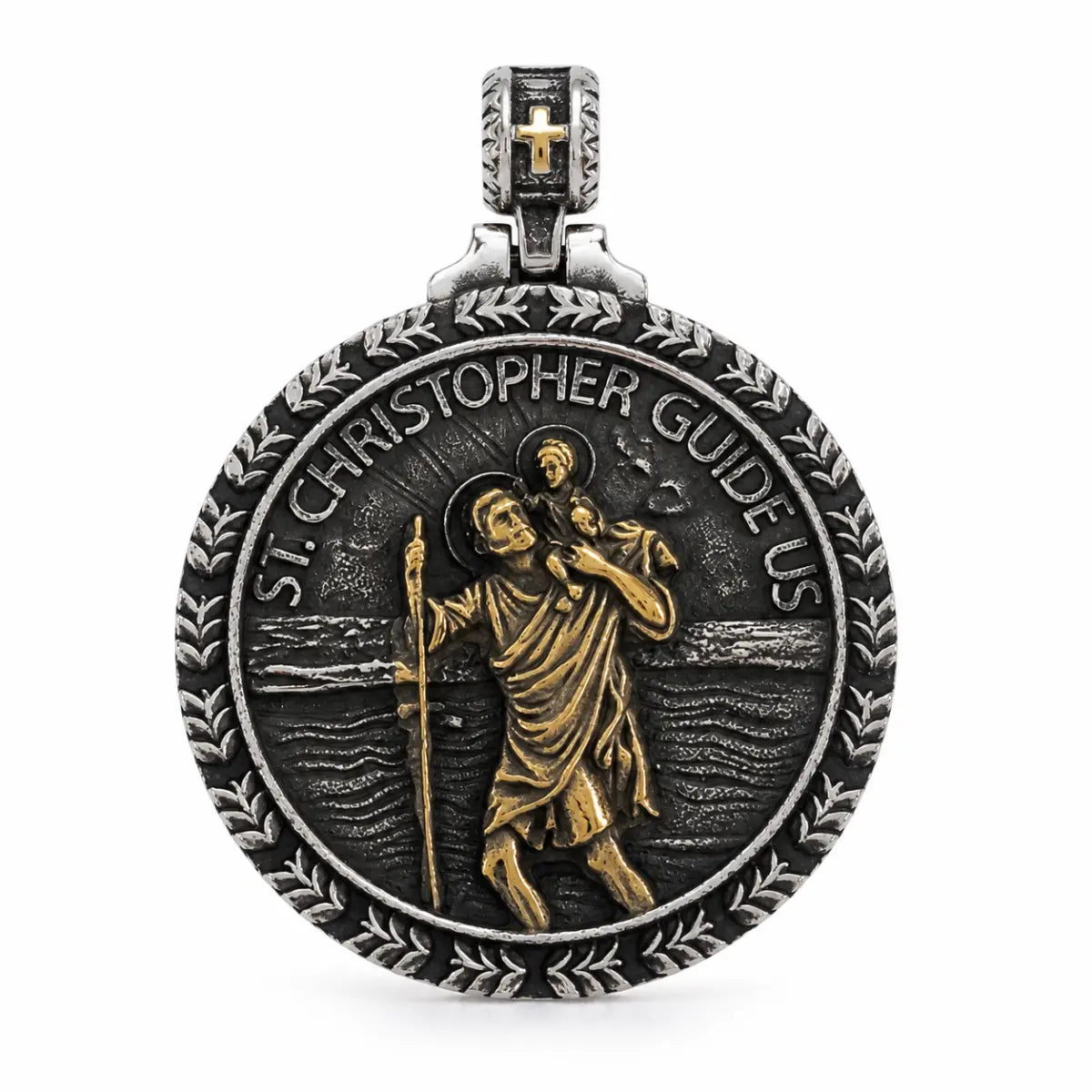 St Christopher Wave Pendant Gold and Silver Pendant Only Front View White Background