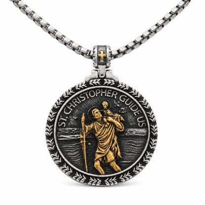 St Christopher Wave Pendant Gold and Silver Pendant with Chain Front View White Background