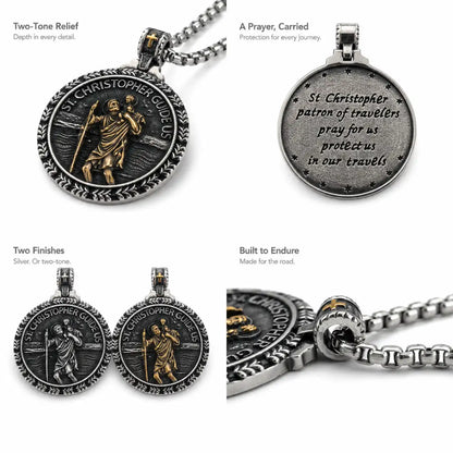 St Christopher Wave Pendant Necklace Details and Engraving Features Infographic