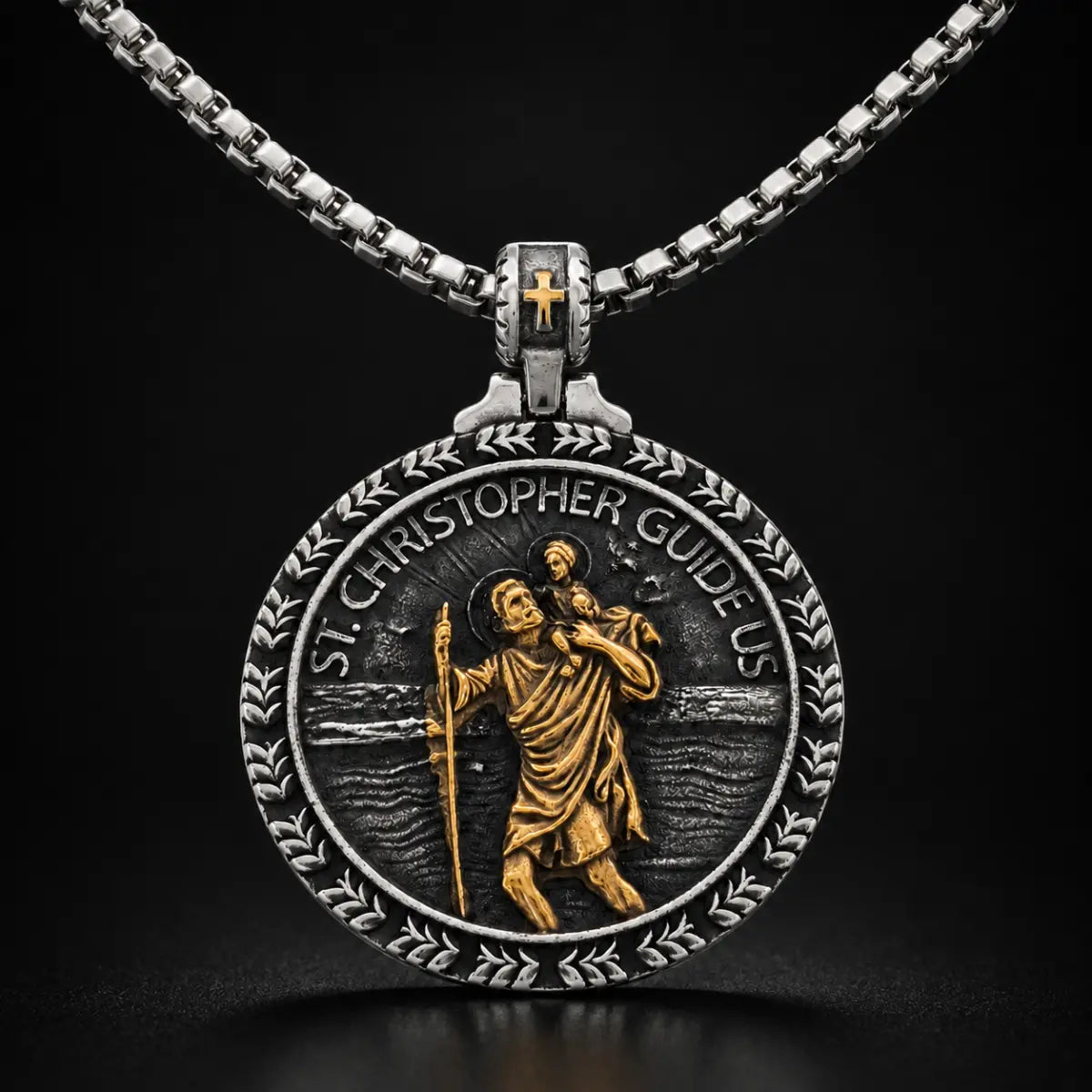 St Christopher Wave Pendant Necklace Gold and Silver Close Up Black Background