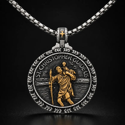 St Christopher Wave Pendant Necklace Gold and Silver Close Up Black Background