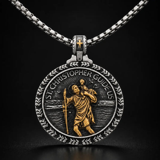 St Christopher Wave Pendant Necklace Gold and Silver Close Up Black Background