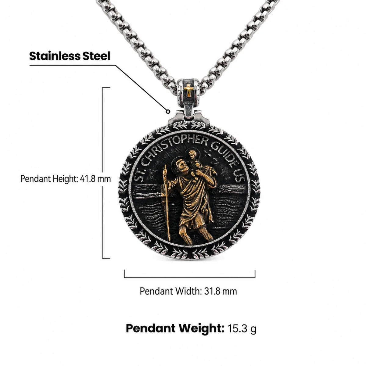 St Christopher Wave Pendant Necklace Gold and Silver Dimensions and Weight Infographic