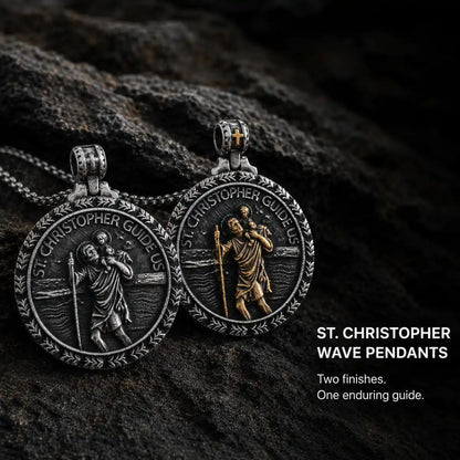 St Christopher Wave Pendant Necklace Gold and Silver Displayed on Stone Surface