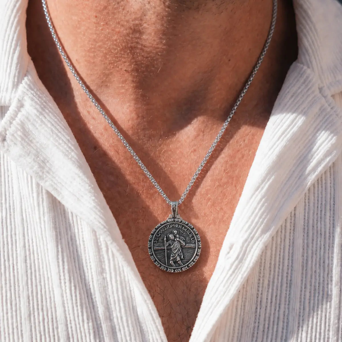 St Christopher Wave Pendant Necklace Silver Worn by Male Model