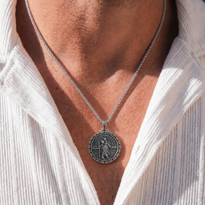 St Christopher Wave Pendant Necklace Silver Worn by Male Model