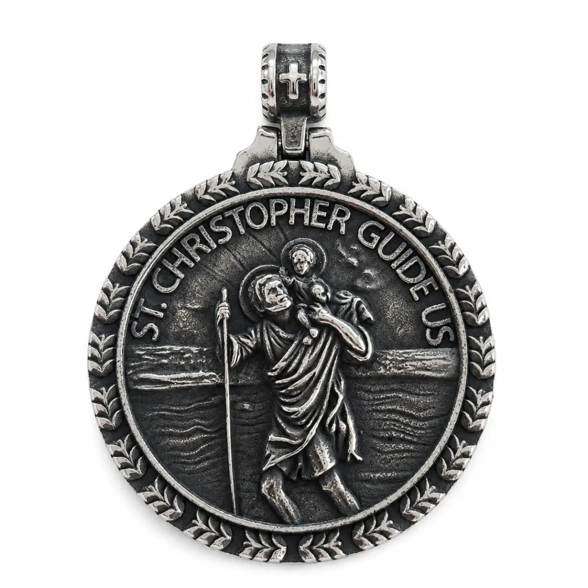St Christopher Wave Pendant Silver Pendant Only Front View White Background