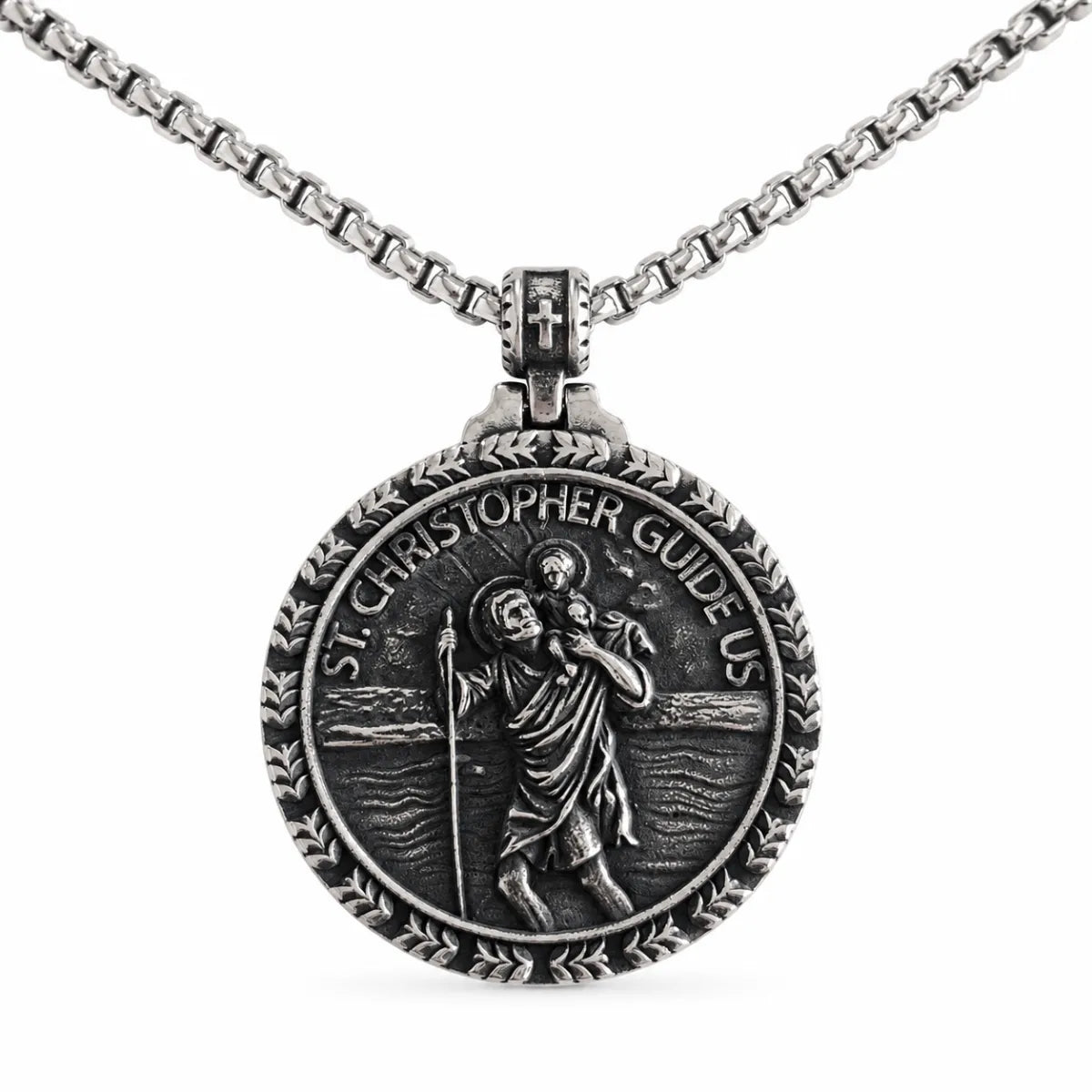 St Christopher Wave Pendant Silver Pendant with Chain Front View White Background