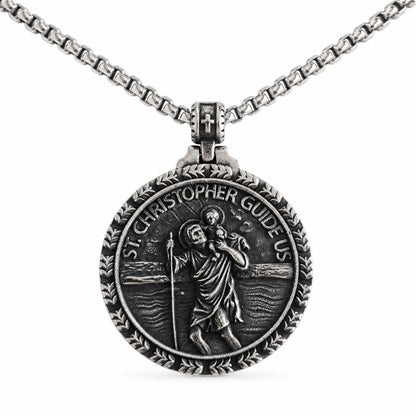 St Christopher Wave Pendant Silver Pendant with Chain Front View White Background