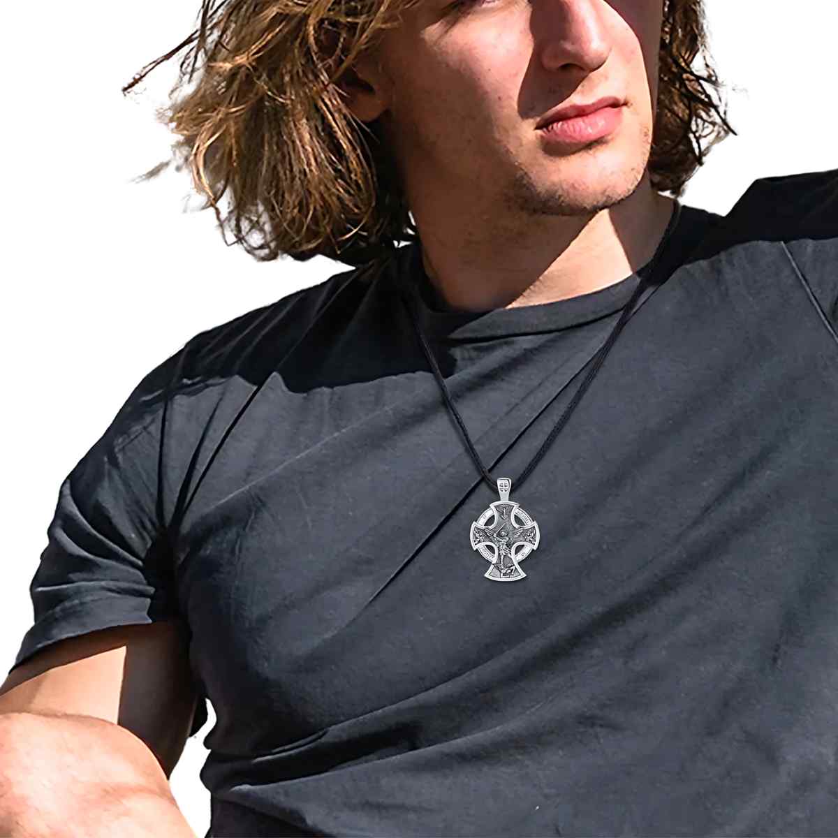 St Michael Archangel Cross Necklace Worn by Model Xenos Jewelry