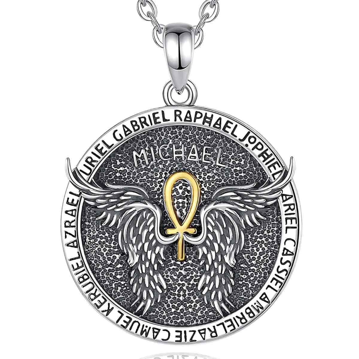 St Michael Archangel Necklace with Ankh Wings 18inch Chain Xenos Jewelry